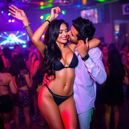 Nushrath Bharucha, a gorgeous woman with long dark hair, wearing a stylish bikini as she dances sensually in a vibrant nightclub