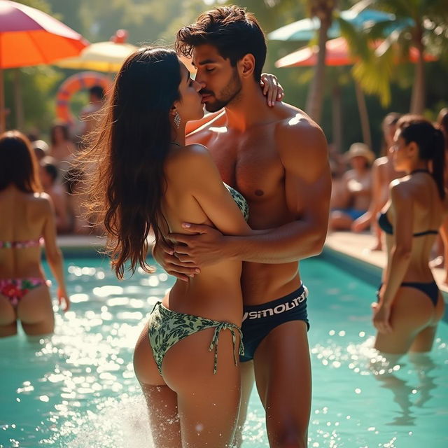 Nushrath Bharucha, a stunning woman with flowing dark hair, wearing a stylish bikini, dancing sensually at a lively pool party