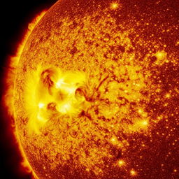 A stunning and detailed close-up view of the Sun, showcasing its fiery surface, solar flares, and intense emanating energy.