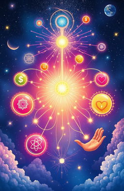 An imaginative and vibrant illustration depicting the various channels of manifestations in a cosmic, mystical setting