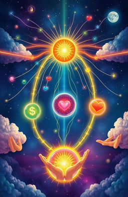 An imaginative and vibrant illustration depicting the various channels of manifestations in a cosmic, mystical setting