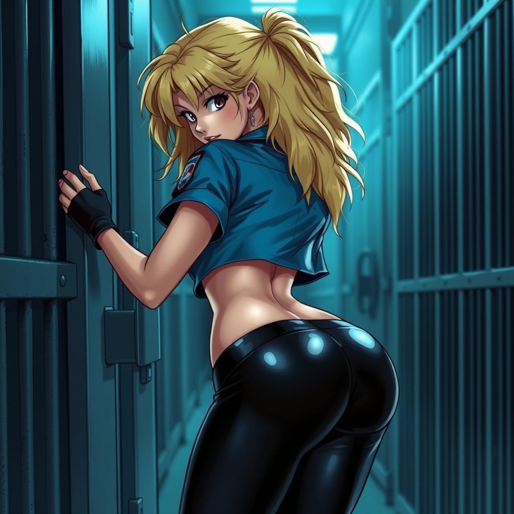 A sexy female character with frizzy blonde hair is bent over, opening a prison cell door, showcasing her round, defined butt