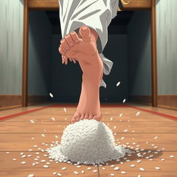 A petite blonde anime female martial artist in a training gi stands in a training area, her frustration clearly evident in her furrowed brow and tense posture