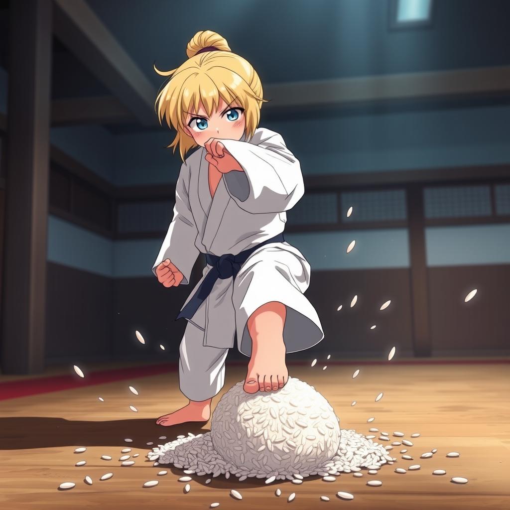 A petite blonde anime female martial artist in a training gi stands in a training area, her frustration clearly evident in her furrowed brow and tense posture