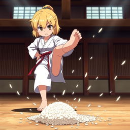 A petite blonde anime female martial artist in a training gi stands in a training area, her frustration clearly evident in her furrowed brow and tense posture
