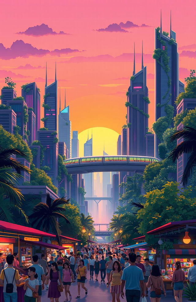 A vibrant illustration of a futuristic city skyline during sunset, featuring a mix of sleek skyscrapers and lush greenery integrated into the architecture