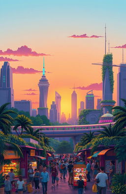 A vibrant illustration of a futuristic city skyline during sunset, featuring a mix of sleek skyscrapers and lush greenery integrated into the architecture