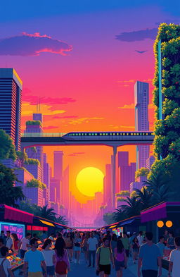 A vibrant illustration of a futuristic city skyline during sunset, featuring a mix of sleek skyscrapers and lush greenery integrated into the architecture