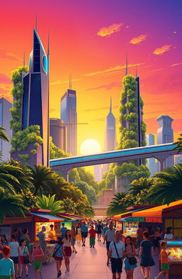 A vibrant illustration of a futuristic city skyline during sunset, featuring a mix of sleek skyscrapers and lush greenery integrated into the architecture