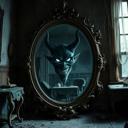 A haunting scene featuring an ornate antique mirror set in a dimly lit room of an old, decrepit house