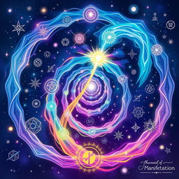 An intricate and captivating illustration titled 'Channels of Manifestation', showcasing a dynamic representation of various energy channels spiraling outwards from a central source of light