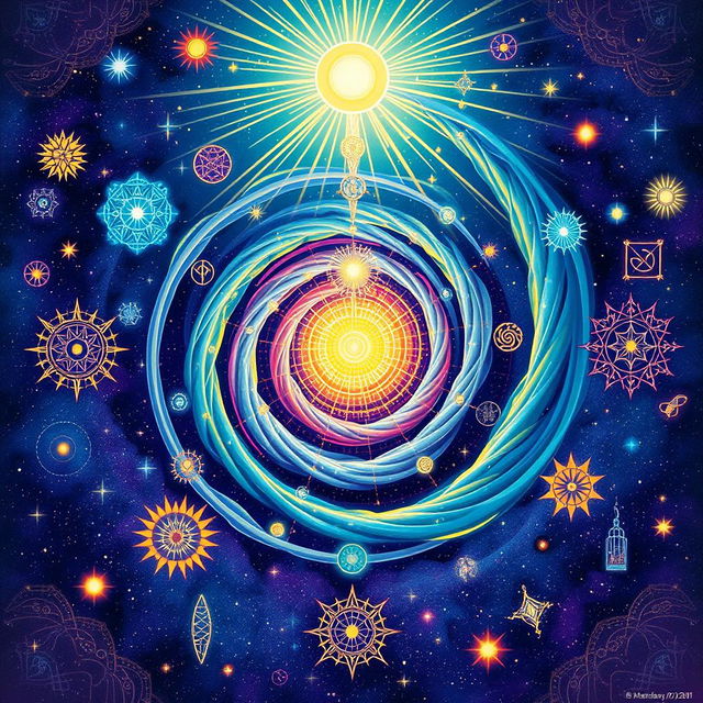 An intricate and captivating illustration titled 'Channels of Manifestation', showcasing a dynamic representation of various energy channels spiraling outwards from a central source of light