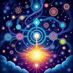 An intricate and captivating illustration titled 'Channels of Manifestation', showcasing a dynamic representation of various energy channels spiraling outwards from a central source of light