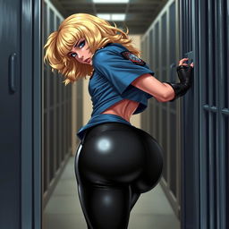 A sexy female character with frizzy blonde hair is depicted bending over to open a prison cell door