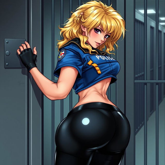 A sexy female character with frizzy blonde hair is depicted bending over to open a prison cell door