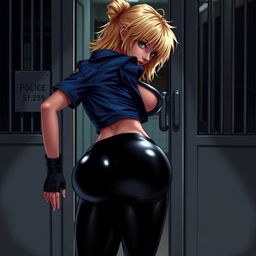 A sexy female character, with frizzy blonde hair, bending over to open a prison cell door, showcasing her round booty and defined butt