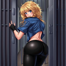 A sexy female character with frizzy blonde hair bending over to open a prison cell door, showcasing her round booty prominently
