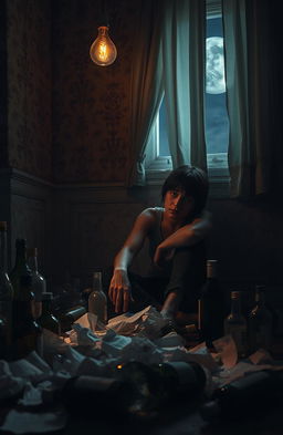 A visually striking representation of addiction, depicting a person sitting alone in a dimly lit room, surrounded by empty bottles and crumpled papers, expressing a sense of despair and helplessness