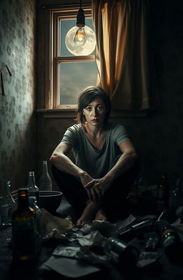 A visually striking representation of addiction, depicting a person sitting alone in a dimly lit room, surrounded by empty bottles and crumpled papers, expressing a sense of despair and helplessness
