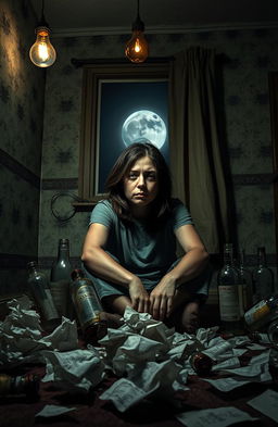 A visually striking representation of addiction, depicting a person sitting alone in a dimly lit room, surrounded by empty bottles and crumpled papers, expressing a sense of despair and helplessness
