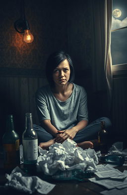 A visually striking representation of addiction, depicting a person sitting alone in a dimly lit room, surrounded by empty bottles and crumpled papers, expressing a sense of despair and helplessness