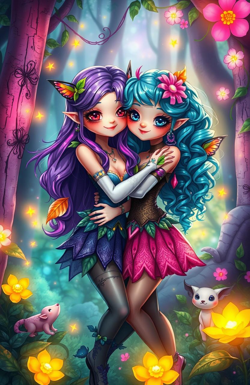 A whimsical and enchanting fantasy scene depicting two cute women in a mystical forest, their bodies intertwined as they embrace each other affectionately