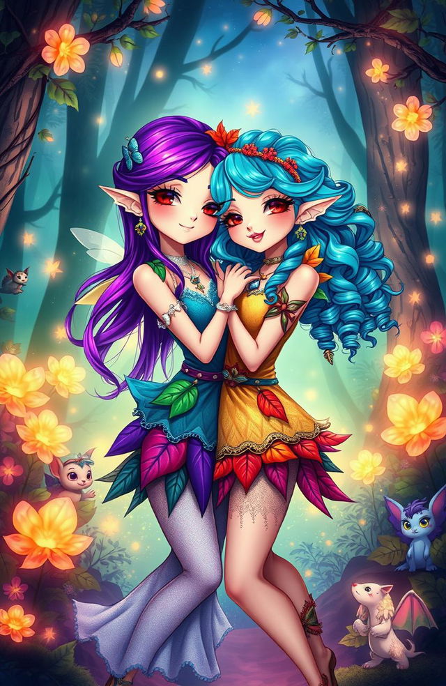 A whimsical and enchanting fantasy scene depicting two cute women in a mystical forest, their bodies intertwined as they embrace each other affectionately