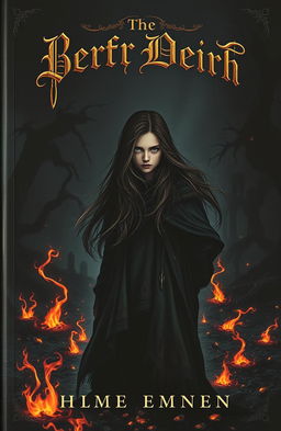 A dark fantasy book cover featuring a mysterious girl with long flowing hair, standing amidst swirling embers and glowing ashes in a shadowy landscape