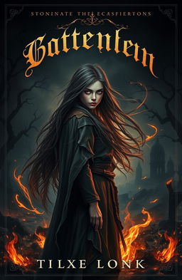 A dark fantasy book cover featuring a mysterious girl with long flowing hair, standing amidst swirling embers and glowing ashes in a shadowy landscape