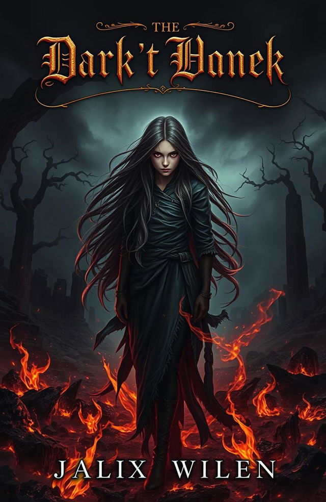 A dark fantasy book cover featuring a mysterious girl with long flowing hair, standing amidst swirling embers and glowing ashes in a shadowy landscape