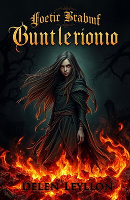 A dark fantasy book cover featuring a mysterious girl with long flowing hair, standing amidst swirling embers and glowing ashes in a shadowy landscape