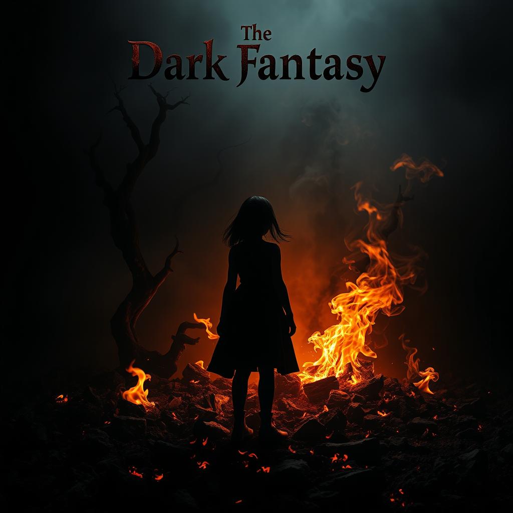 A captivating dark fantasy book cover featuring the silhouette of a girl standing amidst swirling embers and flickering ashes, set against a shadowy background