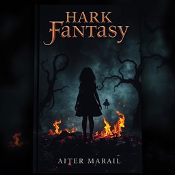 A captivating dark fantasy book cover featuring the silhouette of a girl standing amidst swirling embers and flickering ashes, set against a shadowy background
