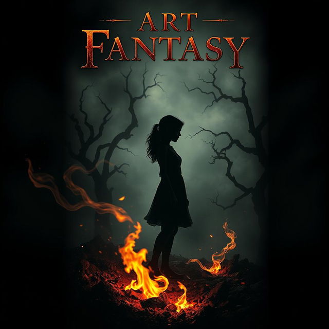 A captivating dark fantasy book cover featuring the silhouette of a girl standing amidst swirling embers and flickering ashes, set against a shadowy background