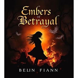 A dark fantasy book cover titled 'Embers of Betrayal' featuring the silhouette of a girl standing amidst swirling embers and glowing ashes, set against a deep, ominous background