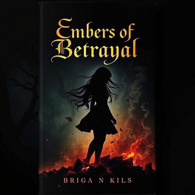 A dark fantasy book cover titled 'Embers of Betrayal' featuring the silhouette of a girl standing amidst swirling embers and glowing ashes, set against a deep, ominous background