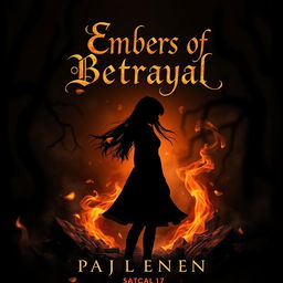 A dark fantasy book cover titled 'Embers of Betrayal' featuring the silhouette of a girl standing amidst swirling embers and glowing ashes, set against a deep, ominous background