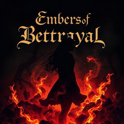 A dark fantasy book cover titled 'Embers of Betrayal' featuring the silhouette of a girl standing amidst swirling embers and glowing ashes, set against a deep, ominous background