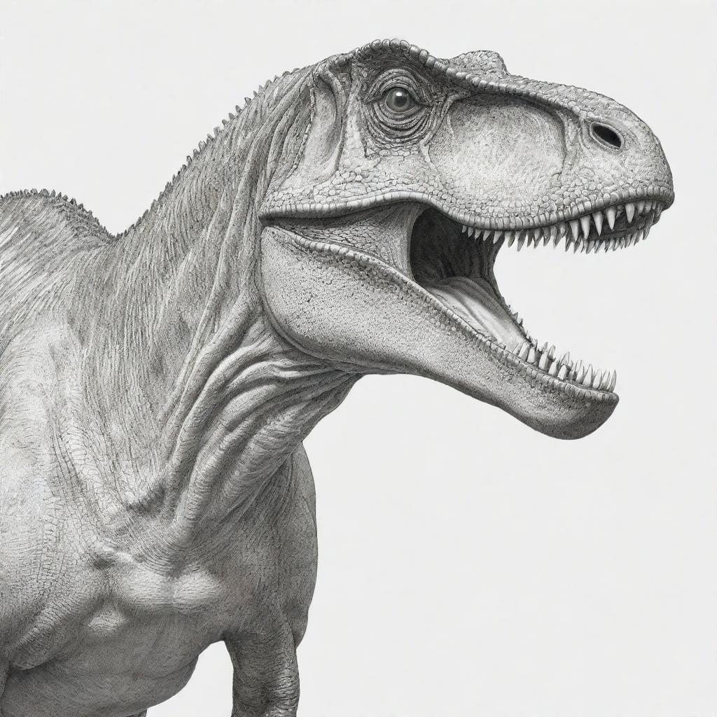 A detailed black and white line art of a Tyrannosaurus Rex perfect for colouring.