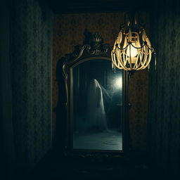 An antique mirror placed in a dimly lit, eerie room of a haunted house