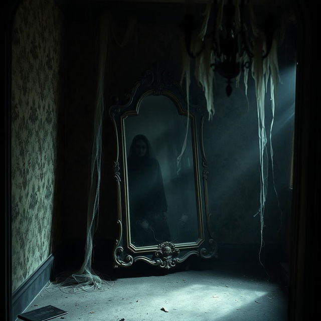 An antique mirror placed in a dimly lit, eerie room of a haunted house