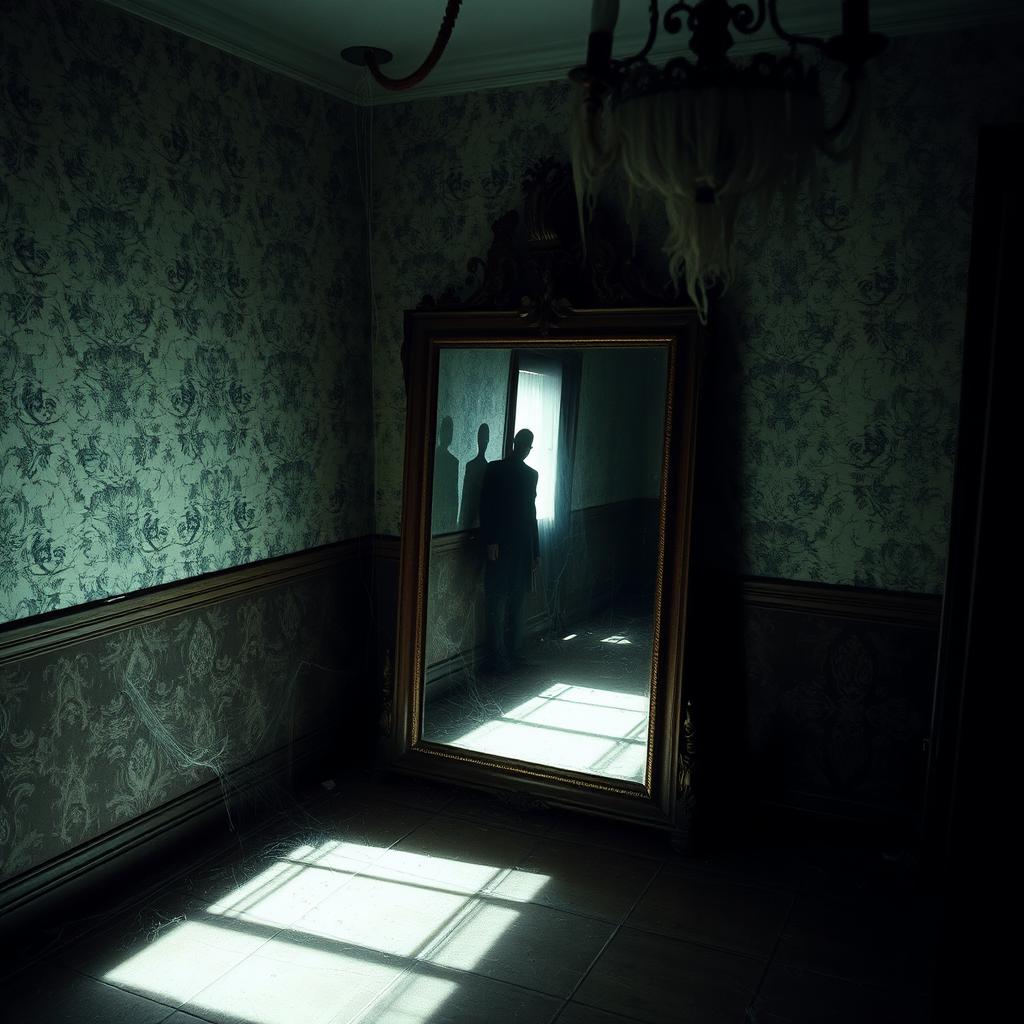 An antique mirror placed in a dimly lit, eerie room of a haunted house