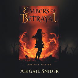 A striking dark fantasy book cover titled 'Embers of Betrayal' featuring the silhouette of a girl surrounded by swirling embers and flickering ashes