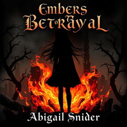 A striking dark fantasy book cover titled 'Embers of Betrayal' featuring the silhouette of a girl surrounded by swirling embers and flickering ashes