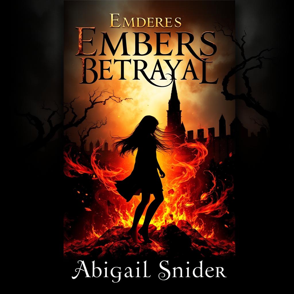 A striking dark fantasy book cover titled 'Embers of Betrayal' featuring the silhouette of a girl surrounded by swirling embers and flickering ashes