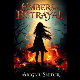 A striking dark fantasy book cover titled 'Embers of Betrayal' featuring the silhouette of a girl surrounded by swirling embers and flickering ashes