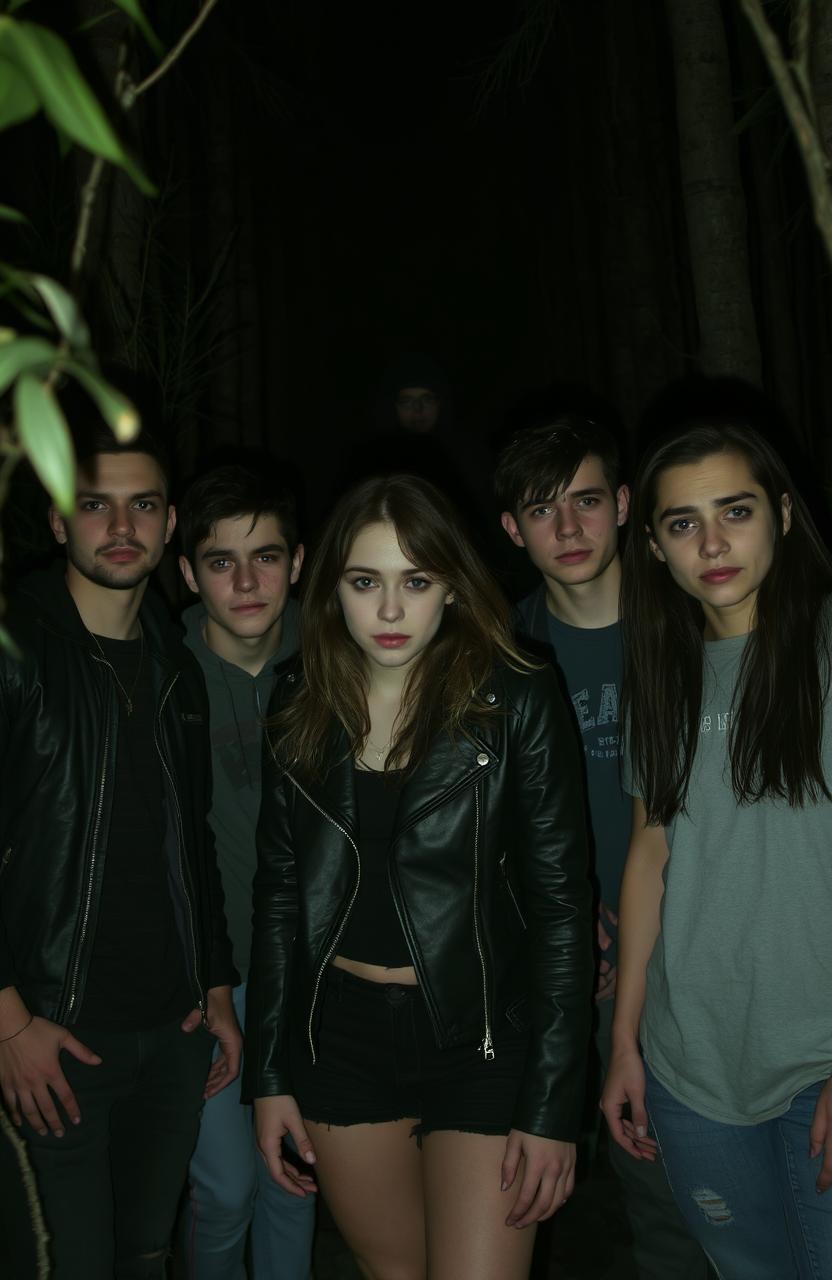 Five young adults, three guys and two girls, are in a dense, eerie forest