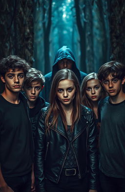 Five young adults, three guys and two girls, are in a dense, eerie forest