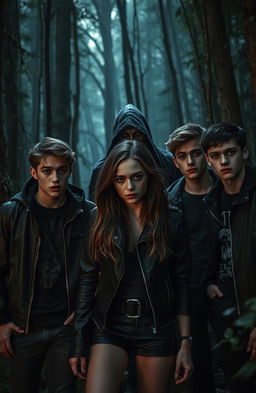 Five young adults, three guys and two girls, are in a dense, eerie forest