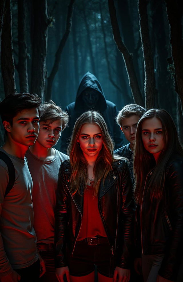 Five young adults, three guys and two girls, are in a dense, eerie forest